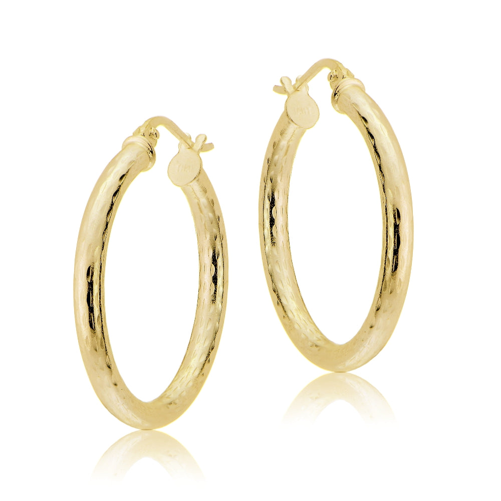 Gold Tone over Sterling Silver 2.5mm Diamond Cut Polished Round Hoop Earrings, 25mm-2