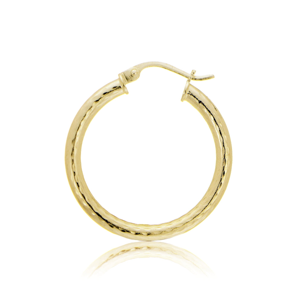 Gold Tone over Sterling Silver 2.5mm Diamond Cut Polished Round Hoop Earrings, 25mm-3