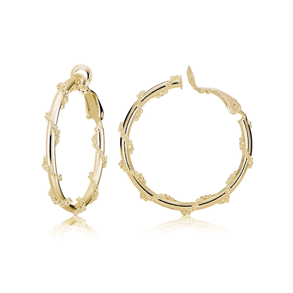 Gold Tone over Sterling Silver Chain Wrap Clip-On Hoop Earrings, 20mm