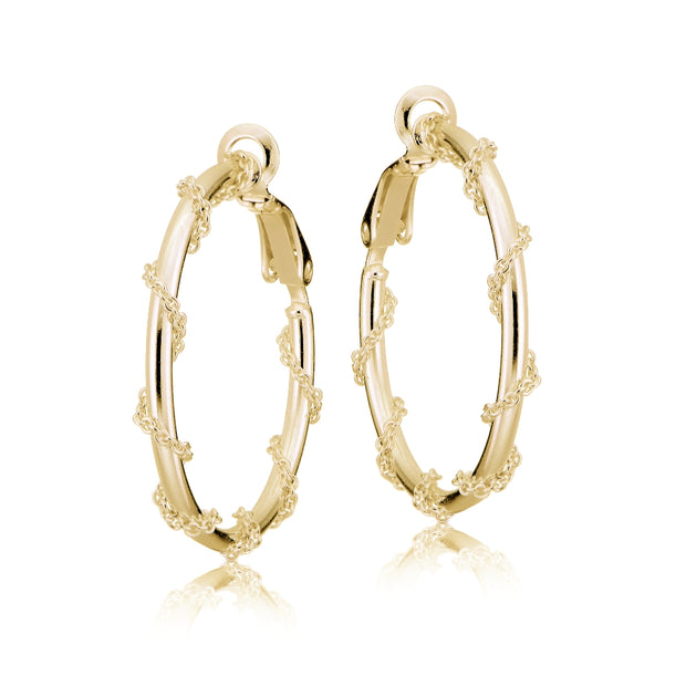 Gold Tone over Sterling Silver Chain Wrap Clip-On Hoop Earrings, 25mm