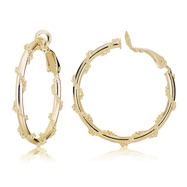Gold Tone over Sterling Silver Chain Wrap Clip-On Hoop Earrings, 30mm