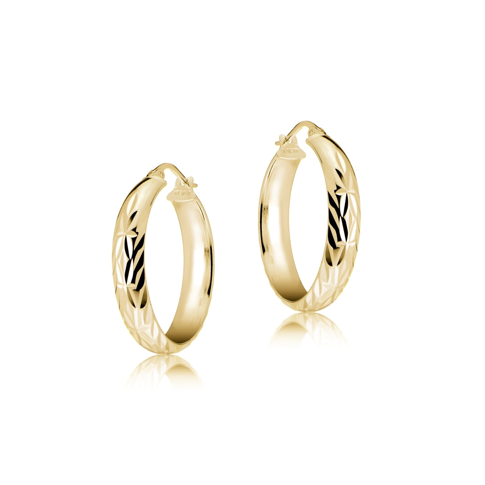 Gold Tone over Sterling Silver Half Round Design Diamond Cut Hoop Earrings, 20-2