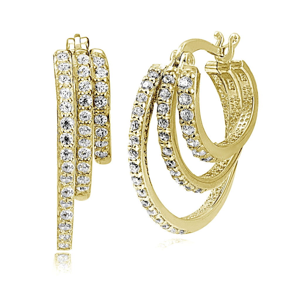 Gold Tone over Sterling Silver Cubic Zirconia Triple Round Graduating Hoop Earrings-2
