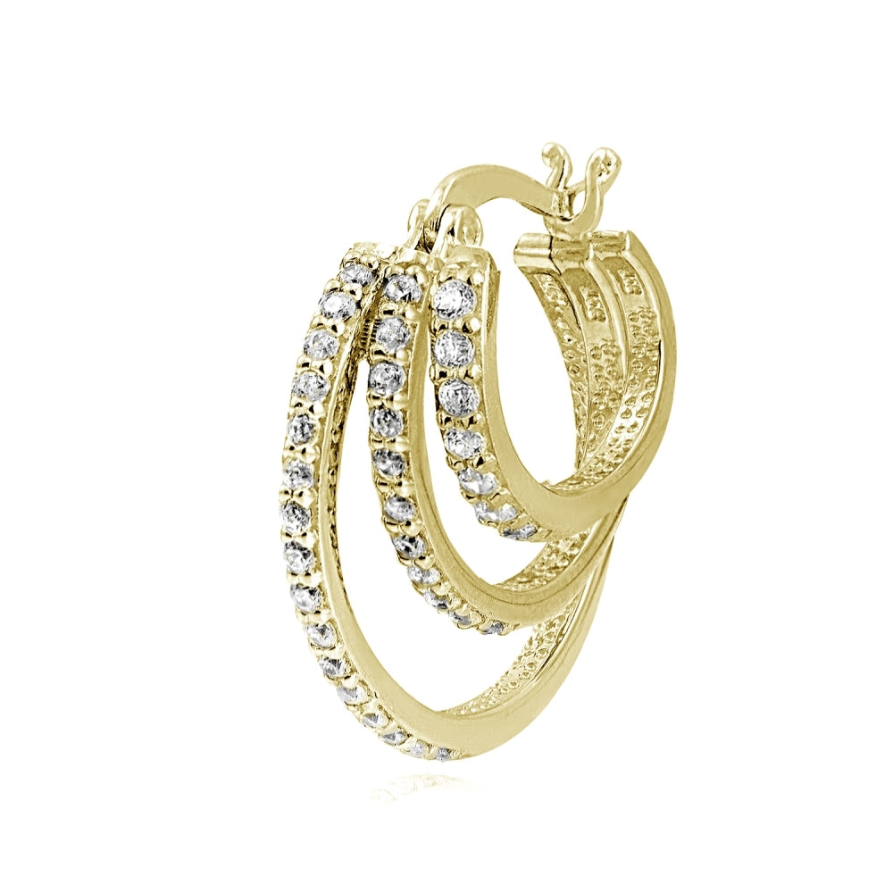 Gold Tone over Sterling Silver Cubic Zirconia Triple Round Graduating Hoop Earrings-3
