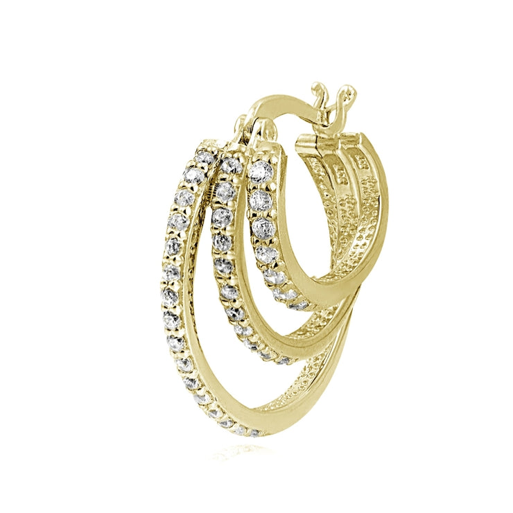 Gold Tone over Sterling Silver Cubic Zirconia Triple Round Graduating Hoop Earrings