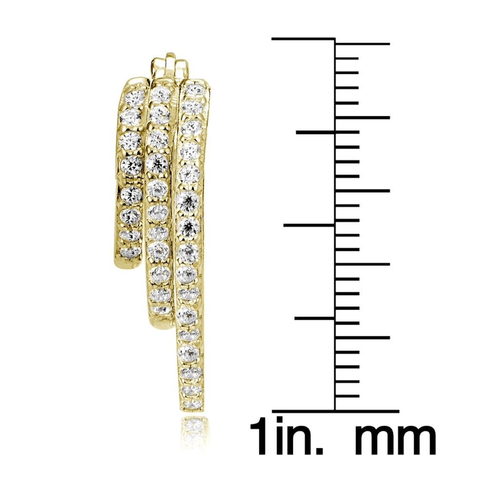 Gold Tone over Sterling Silver Cubic Zirconia Triple Round Graduating Hoop Earrings-4