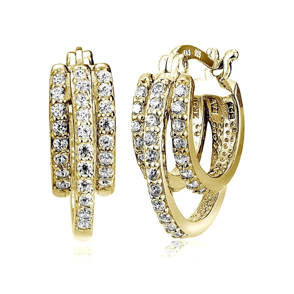 Gold Tone over Sterling Silver Cubic Zirconia Triple Row Fashion Hoop Earrings
