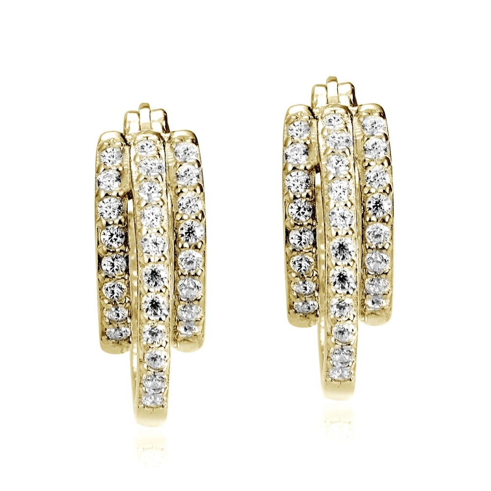 Gold Tone over Sterling Silver Cubic Zirconia Triple Row Fashion Hoop Earrings-2