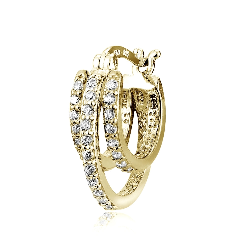 Gold Tone over Sterling Silver Cubic Zirconia Triple Row Fashion Hoop Earrings-3