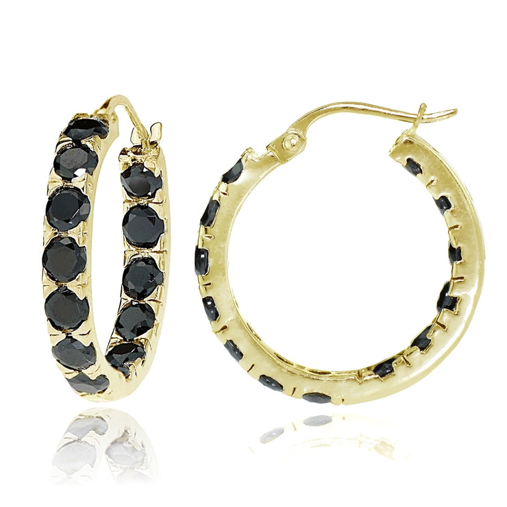 Gold Tone over Sterling Silver Black Cubic Zirconia Inside Out 3x25 mm Round Hoop Earrings