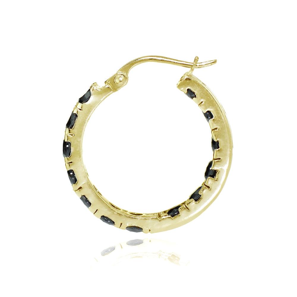 Gold Tone over Sterling Silver Black Cubic Zirconia Inside Out 3x25 mm Round Hoop Earrings-2