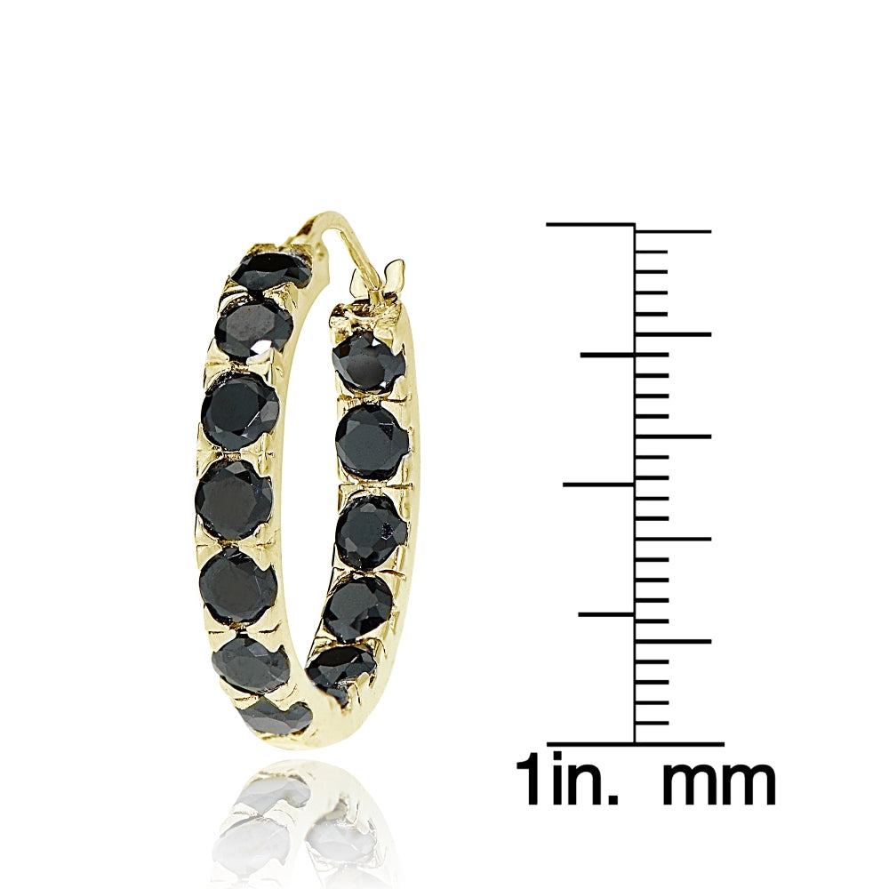 Gold Tone over Sterling Silver Black Cubic Zirconia Inside Out 3x25 mm Round Hoop Earrings-3