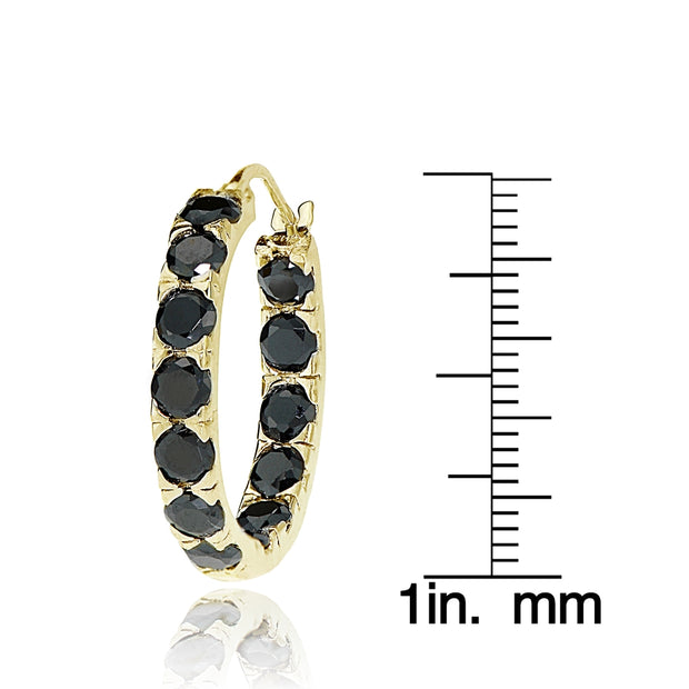 Gold Tone over Sterling Silver Black Cubic Zirconia Inside Out 3x25 mm Round Hoop Earrings