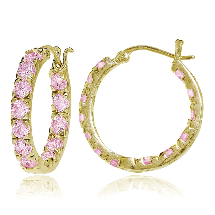 Gold Tone over Sterling Silver Light Pink Cubic Zirconia Inside Out 3x25 mm Round Hoop Earrings