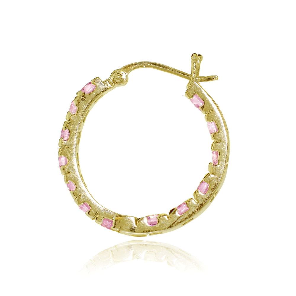 Gold Tone over Sterling Silver Light Pink Cubic Zirconia Inside Out 3x25 mm Round Hoop Earrings-2