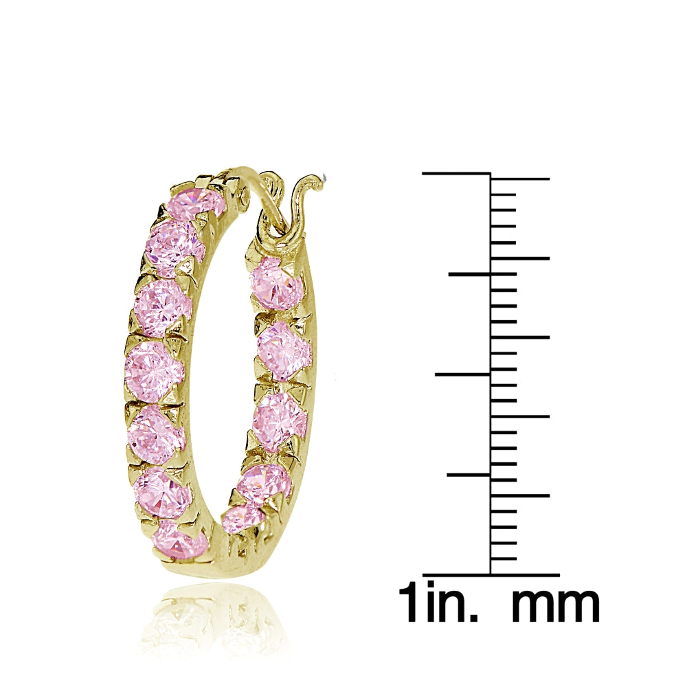 Gold Tone over Sterling Silver Light Pink Cubic Zirconia Inside Out 3x25 mm Round Hoop Earrings-3