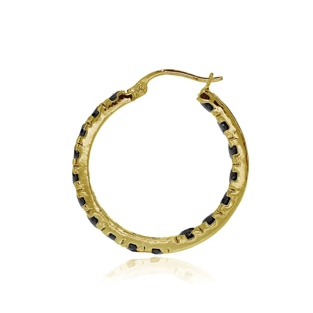 Gold Tone over Sterling Silver Black Cubic Zirconia Inside Out 3x20 mm Round Hoop Earrings-2