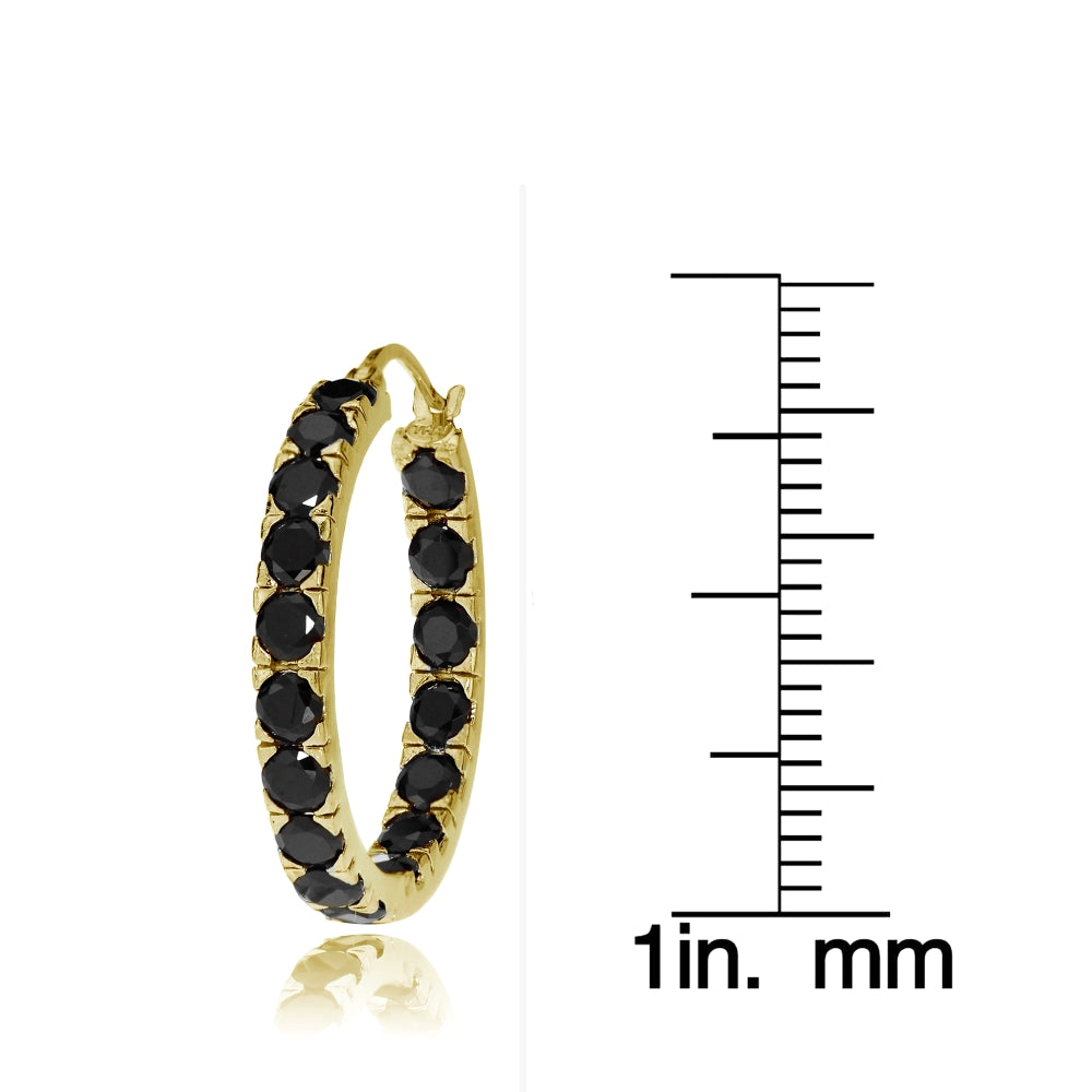 Gold Tone over Sterling Silver Black Cubic Zirconia Inside Out 3x20 mm Round Hoop Earrings-3
