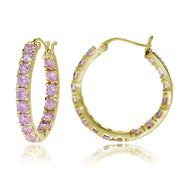 Gold Tone over Sterling Silver Light Pink Cubic Zirconia Inside Out 3x20 mm Round Hoop Earrings