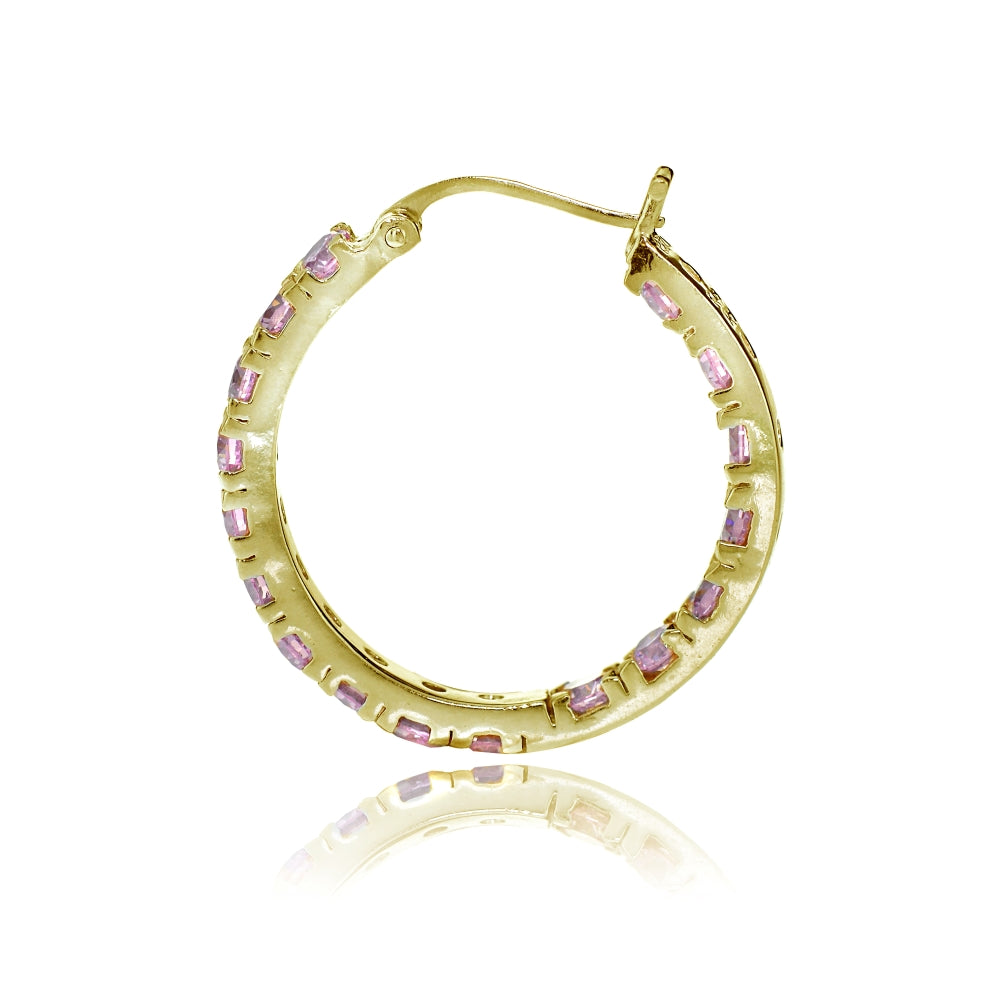 Gold Tone over Sterling Silver Light Pink Cubic Zirconia Inside Out 3x20 mm Round Hoop Earrings-2