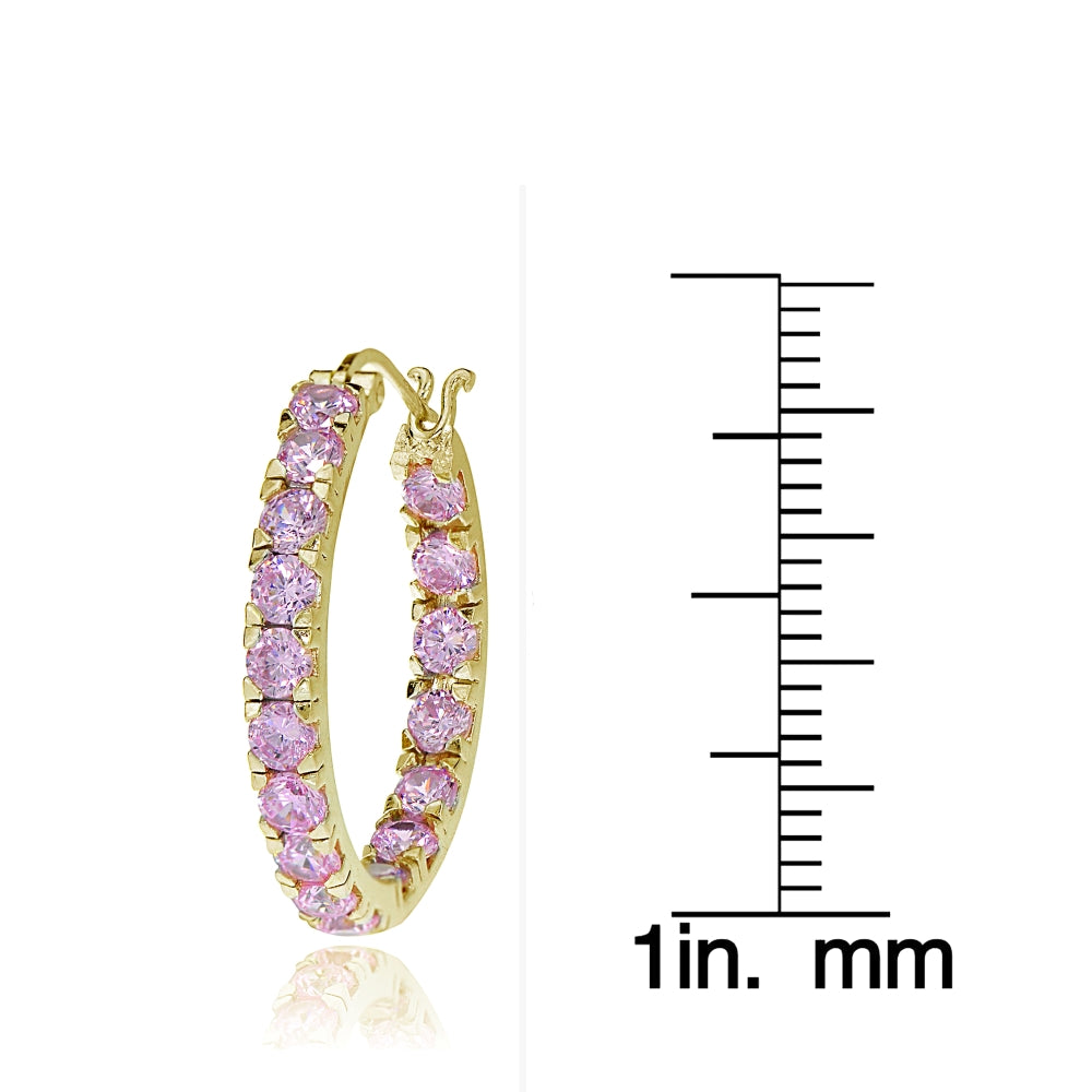 Gold Tone over Sterling Silver Light Pink Cubic Zirconia Inside Out 3x20 mm Round Hoop Earrings-3