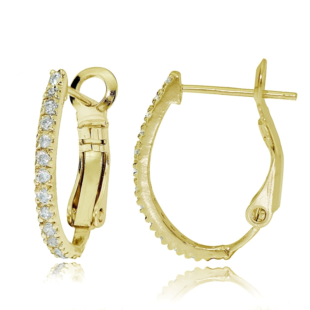 Gold Tone over Sterling Silver Cubic Zirconia Oval J-Hoop Huggie Earrings, 18m