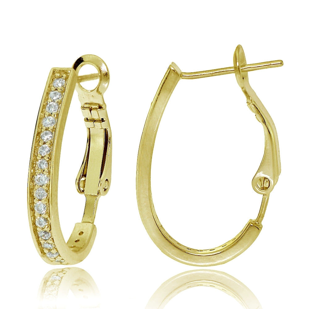 Gold Tone Sterling Silver Cubic Zirconia Oval J-Hoop Earrings, 20mm