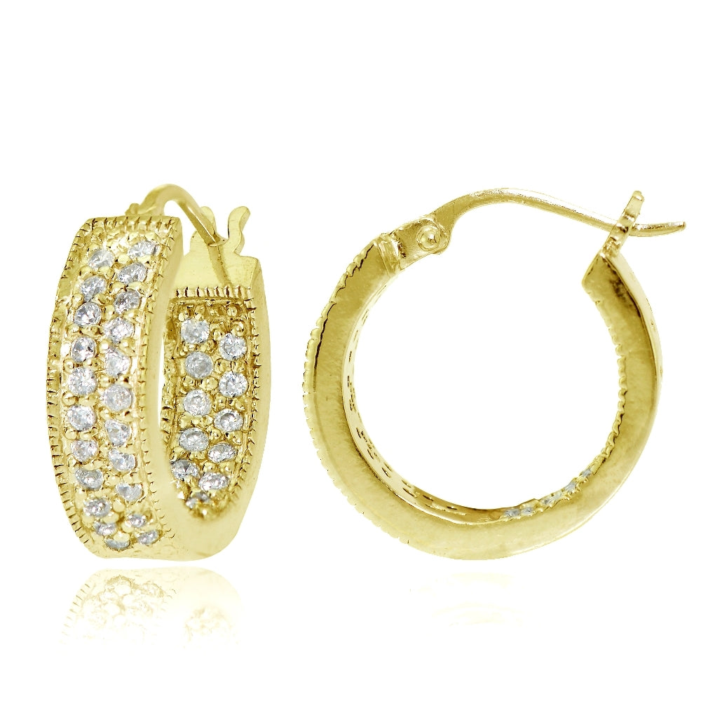 Gold Tone over Sterling Silver Cubic Zirconia Two-Row Inside-Out Huggie Hoop Earrings
