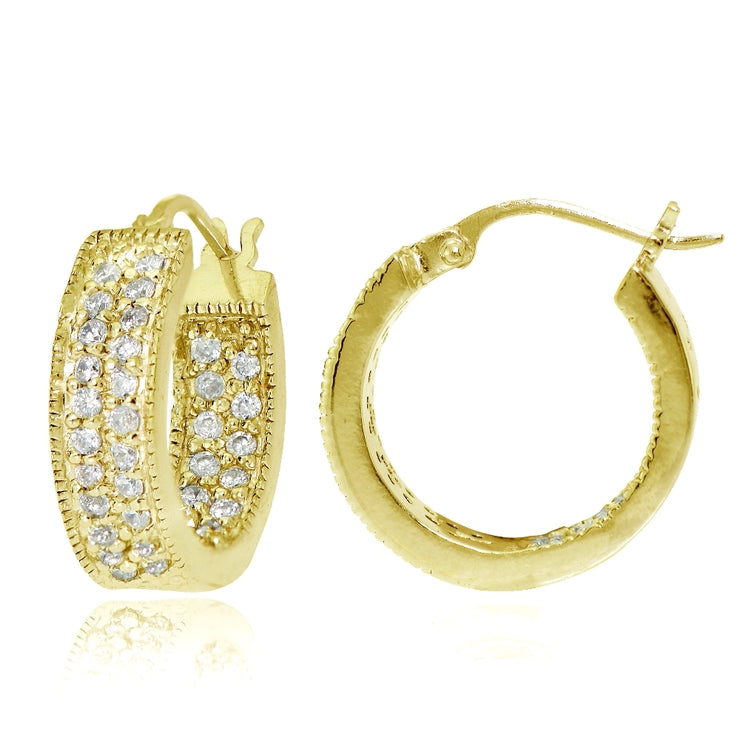 Gold Tone over Sterling Silver Cubic Zirconia Two-Row Inside-Out Huggie Hoop Earrings