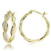 Gold Tone over Sterling Silver Cubic Zirconia 24mm Twist Round Hoop Earrings