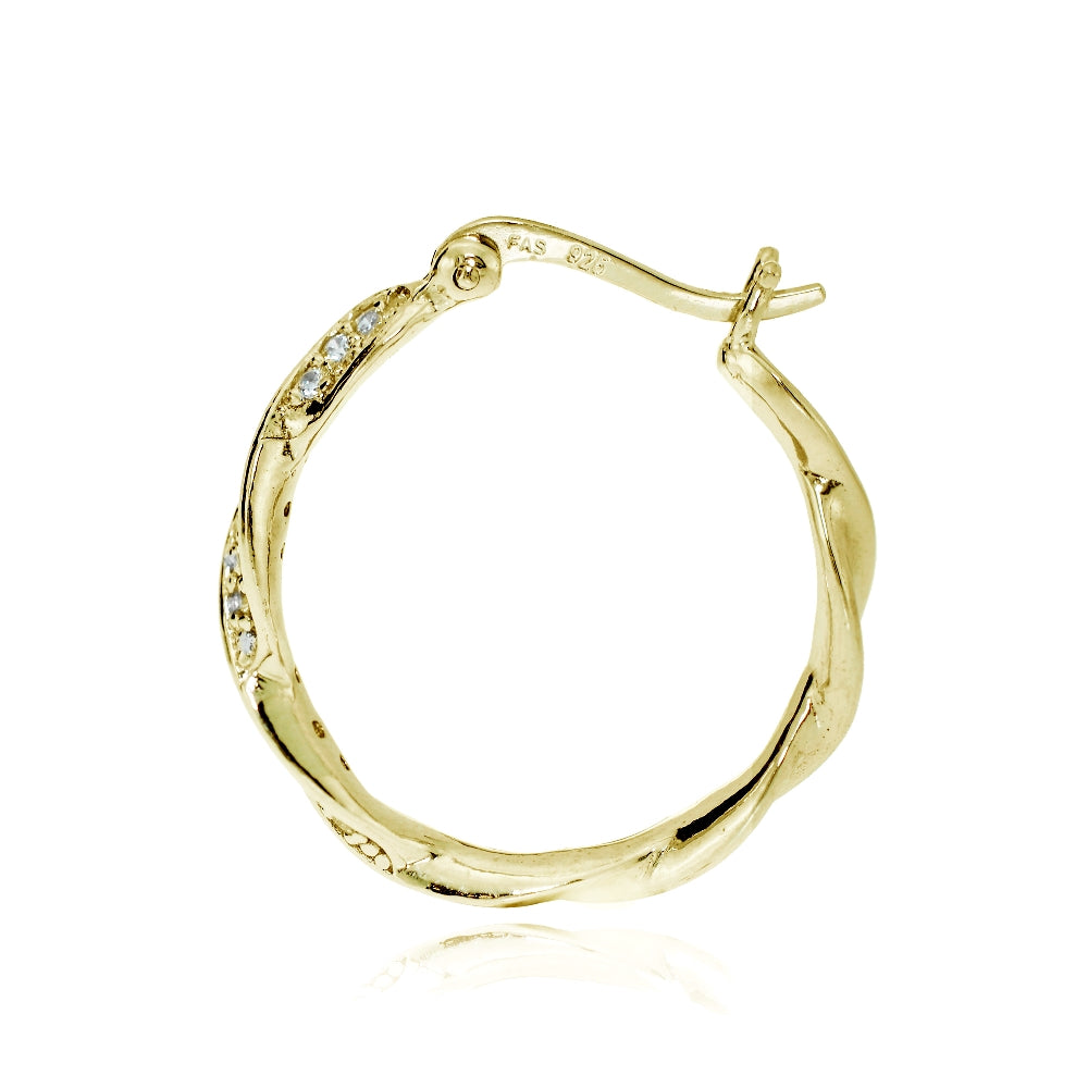 Gold Tone over Sterling Silver Cubic Zirconia 24mm Twist Round Hoop Earrings-2