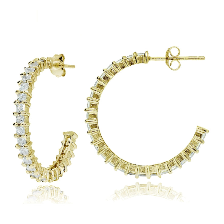 Gold Tone over Sterling Silver Square Cubic Zirconia Half Hoop Earrings, 25mm