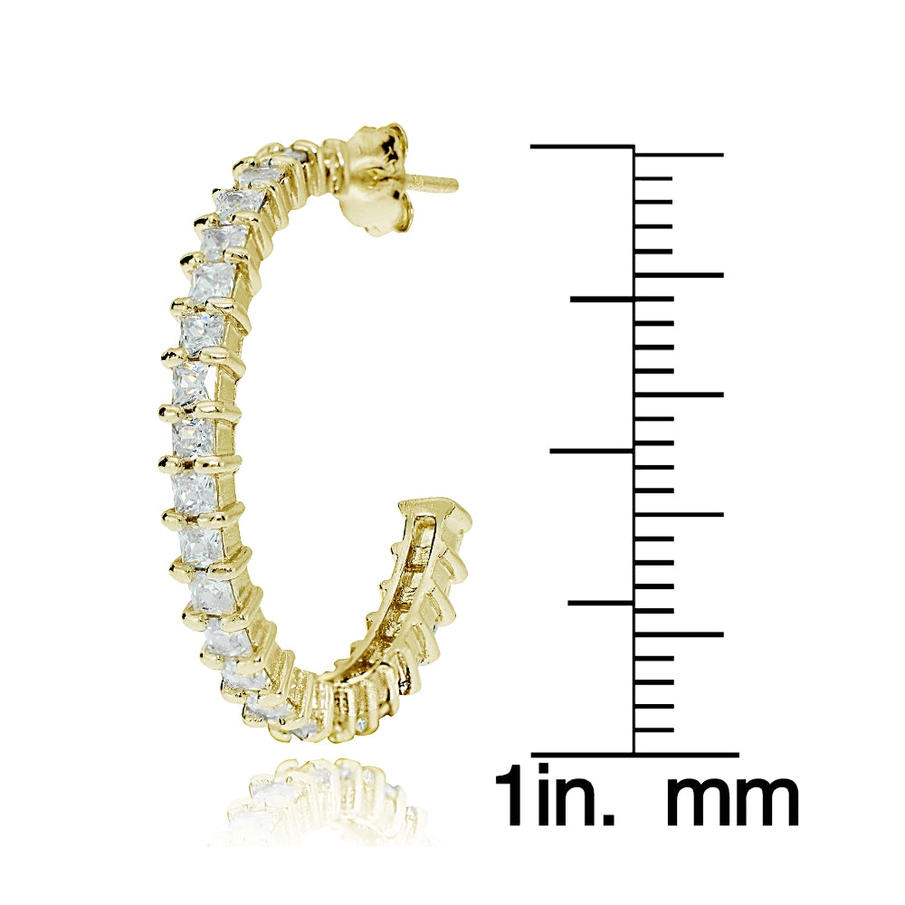 Gold Tone over Sterling Silver Square Cubic Zirconia Half Hoop Earrings, 25mm-3