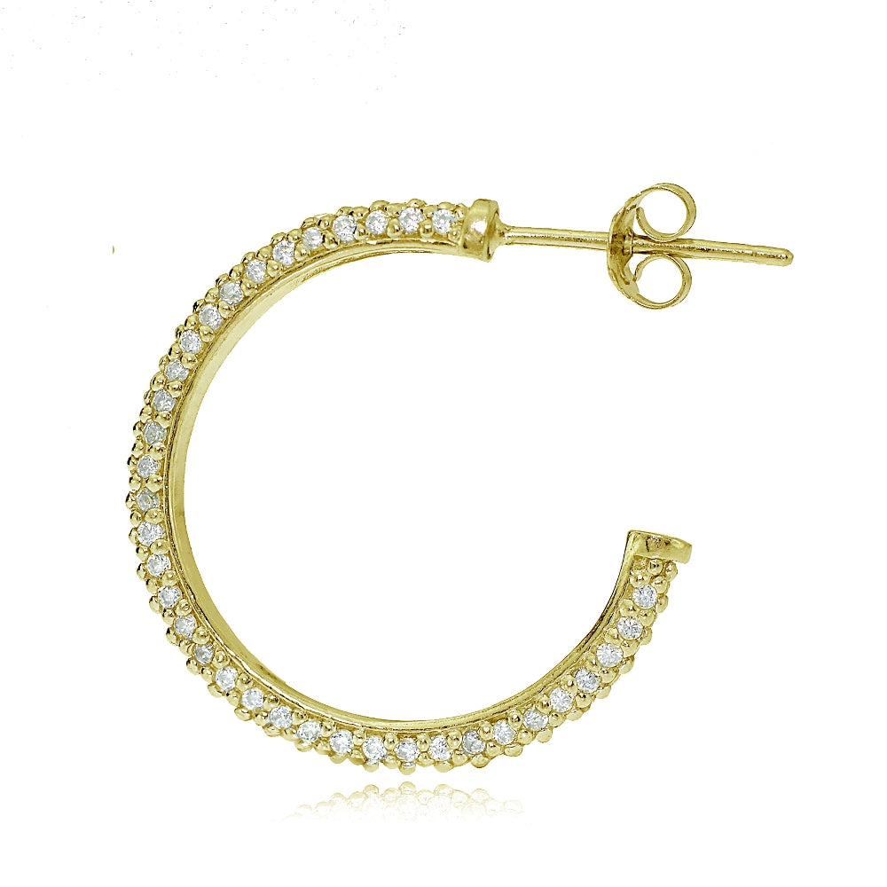 Gold Tone over Sterling Silver Cubic Zirconia Half Round Hoop Earrings-2