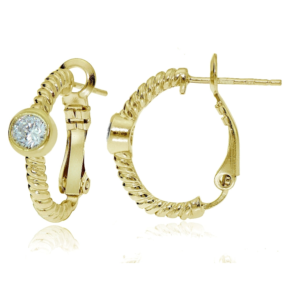 Gold Tone over Sterling Silver Cubic Zirconia Round Oval J-Hoop Earrings