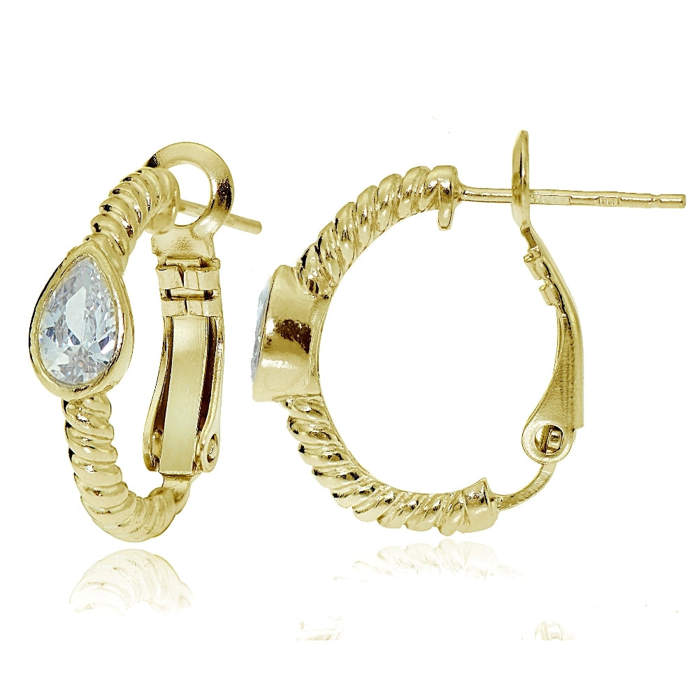 Gold Tone over Sterling Silver Cubic Zirconia Teardrop Oval J-Hoop Earrings