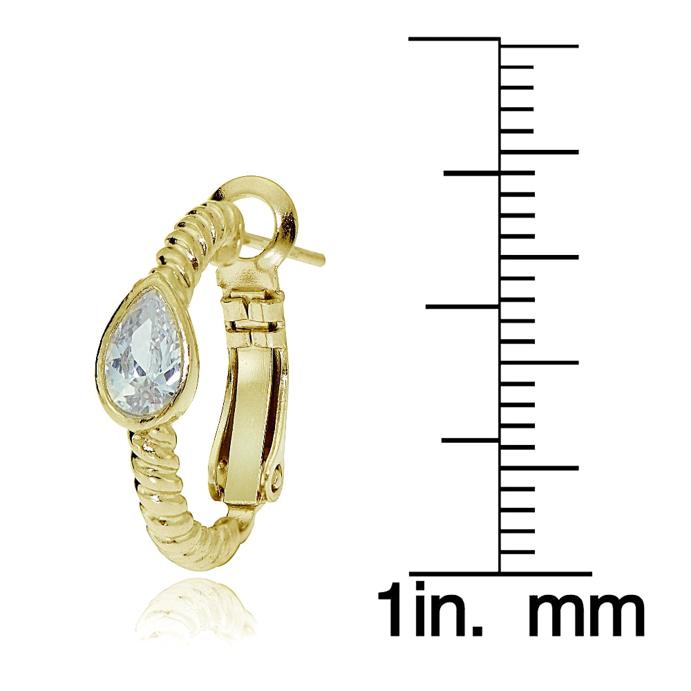 Gold Tone over Sterling Silver Cubic Zirconia Teardrop Oval J-Hoop Earrings-3