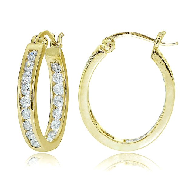 Gold Tone over Sterling Silver Cubic Zirconia Channel Set Inside-Out Oval Hoop Earrings
