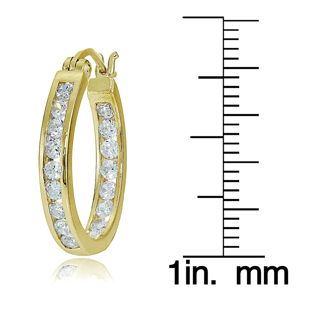 Gold Tone over Sterling Silver Cubic Zirconia Channel Set Inside-Out Oval Hoop Earrings-3