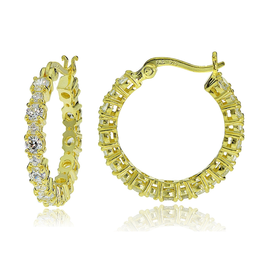 Gold Tone over Sterling Silver Round Cubic Zirconia 22mm Hoop Earrings