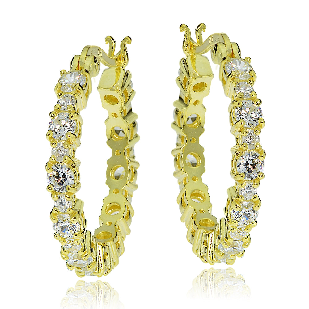 Gold Tone over Sterling Silver Round Cubic Zirconia 22mm Hoop Earrings-2