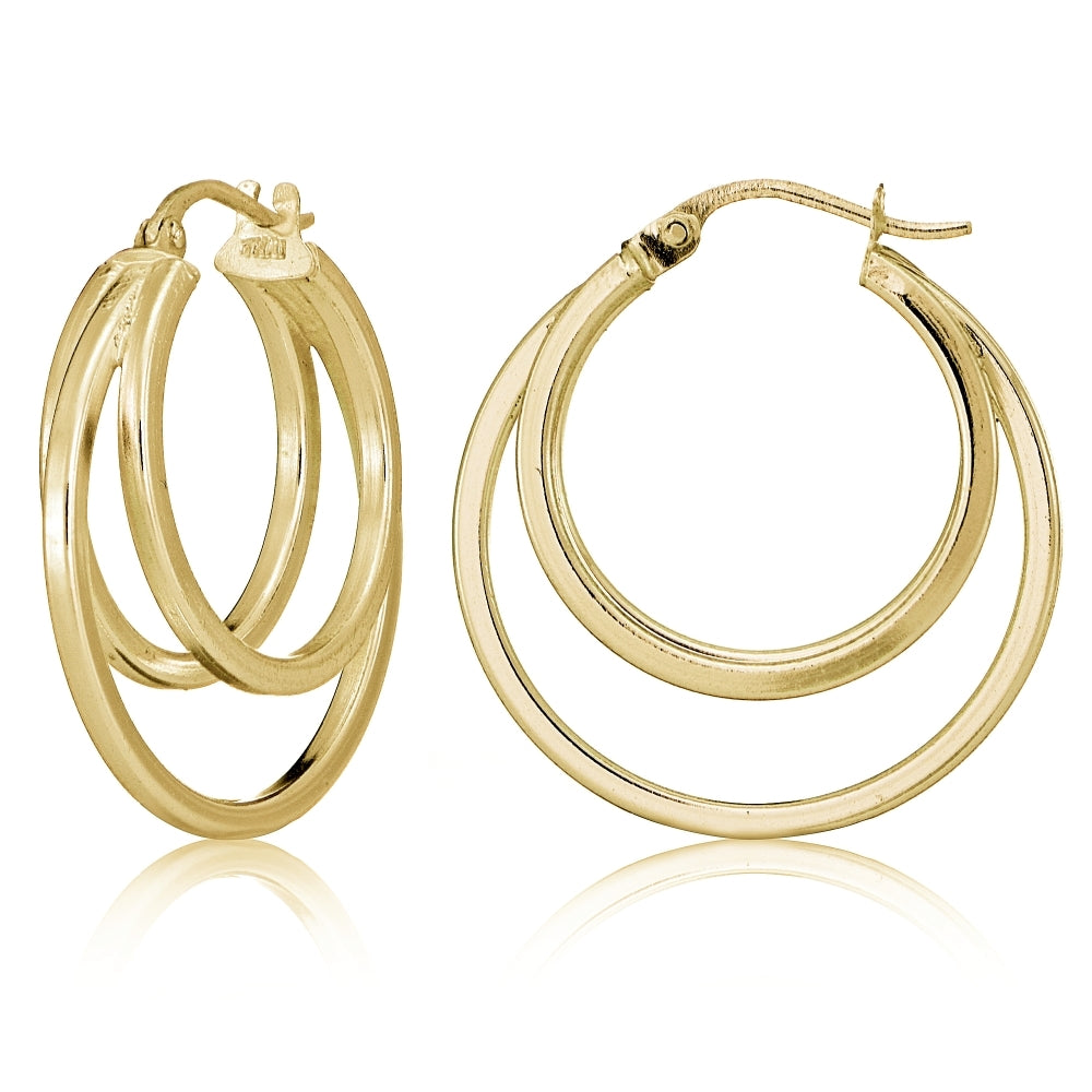 Gold Tone over Sterling Silver Square-Tube Triple Round Hoop Earrings