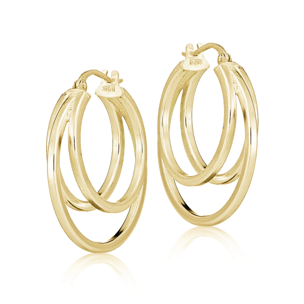 Gold Tone over Sterling Silver Square-Tube Triple Round Hoop Earrings-2