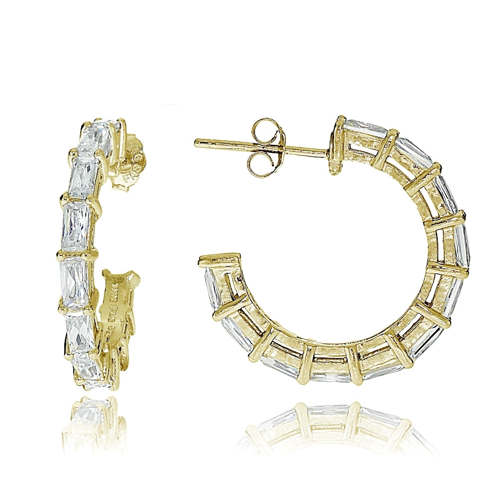 Gold Tone over Sterling Silver Cubic Zirconia Baguette Cut Half Hoop Earrings