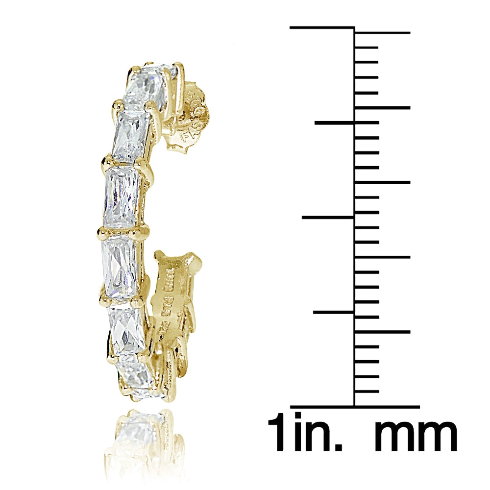 Gold Tone over Sterling Silver Cubic Zirconia Baguette Cut Half Hoop Earrings-3