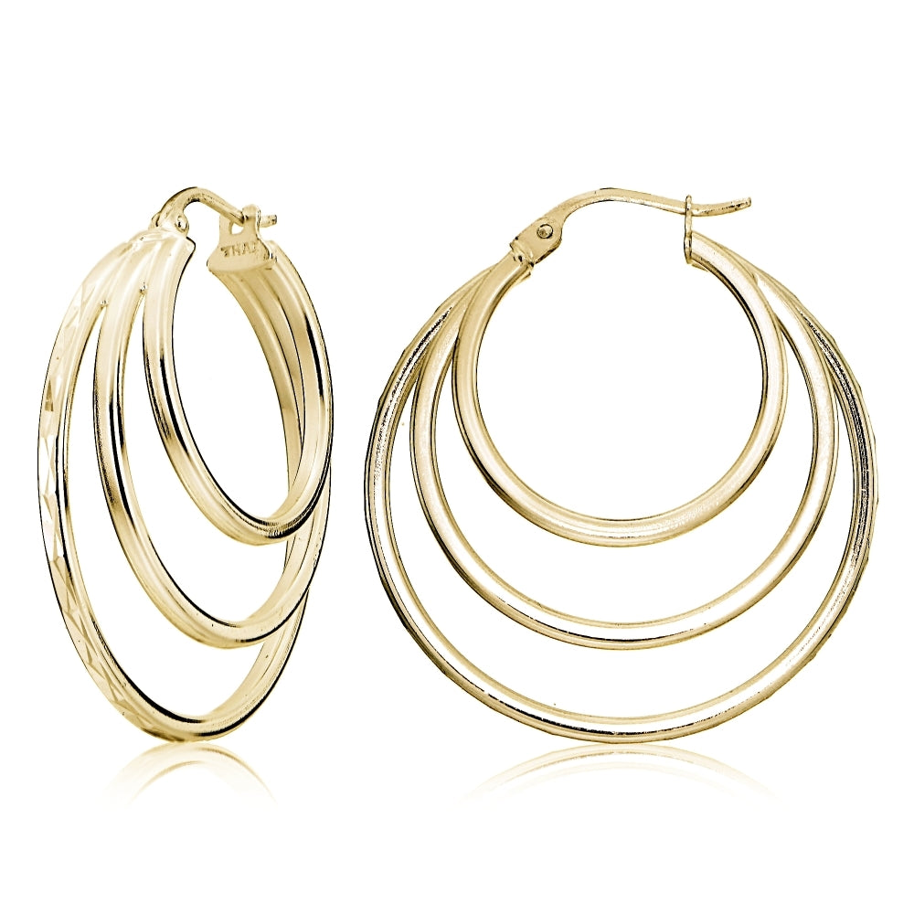 Gold Tone over Sterling Silver Diamond-cut Triple Layer Circle Hoop Earrings
