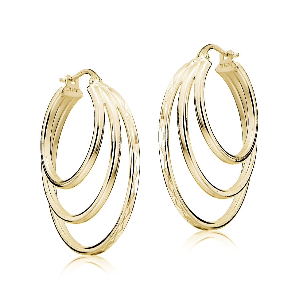 Gold Tone over Sterling Silver Diamond-cut Triple Layer Circle Hoop Earrings-2