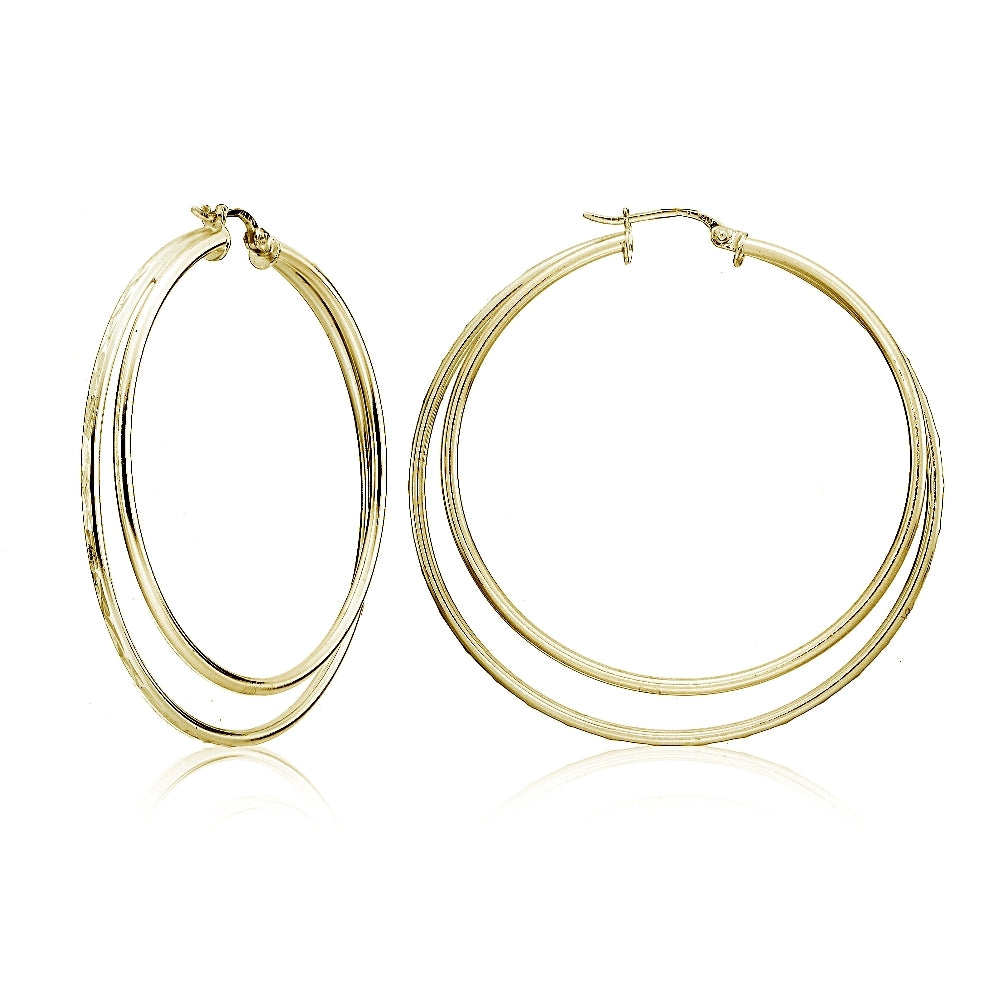 Yellow Gold Flashed Sterling Silver Double Circle Square-Tube Diamond Cut 40mm Round Hoop Earrings