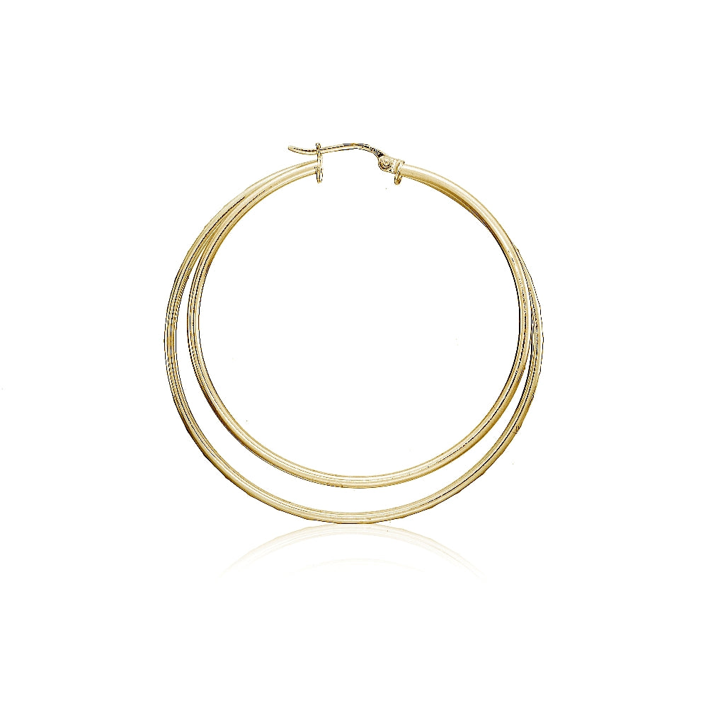 Yellow Gold Flashed Sterling Silver Double Circle Square-Tube Diamond Cut 40mm Round Hoop Earrings-2