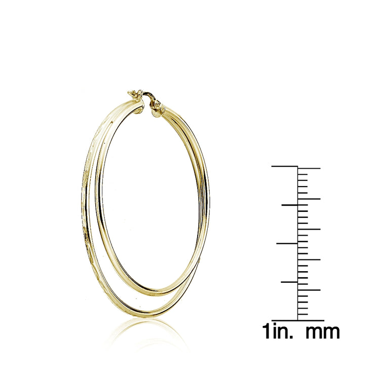Yellow Gold Flashed Sterling Silver Double Circle Square-Tube Diamond Cut 40mm Round Hoop Earrings